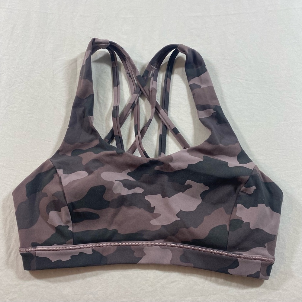 Lululemon Bea Camo Purple Small Strappy Sports Bra Sporty Yoga Workout Excercise